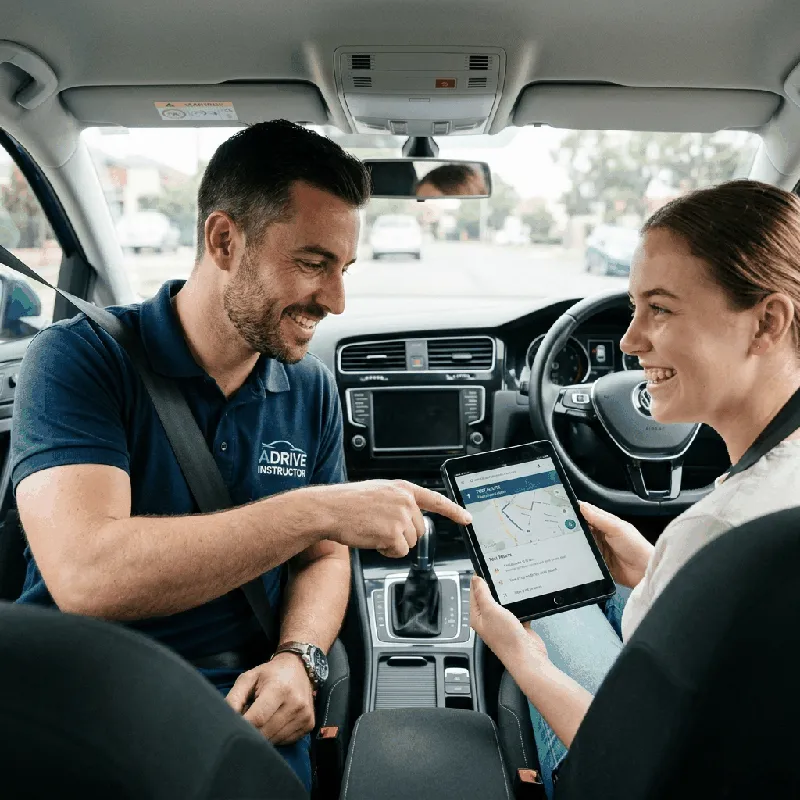 Instructor auto explicând traseul pe tabletă